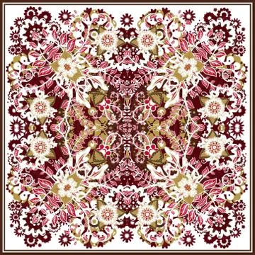 Authentic silk neck scarf or kerchief square pattern design in eastern style for Stock Illustration
