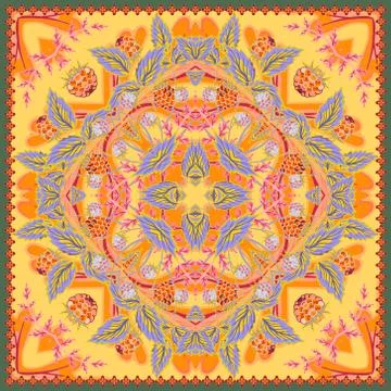 Authentic silk neck scarf or kerchief square pattern design in ukrainian style Stock Illustration