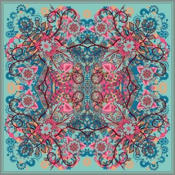 Authentic silk neck scarf or kerchief square pattern design in eastern style for Stock Illustration