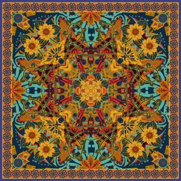 Authentic silk neck scarf or kerchief square pattern design in eastern style for Illustrazione stock