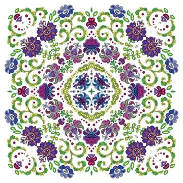 Authentic silk neck scarf or kerchief square pattern design in eastern style for Stock Illustration