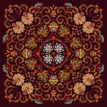 Authentic silk neck scarf or kerchief square pattern design in eastern style for Stock Illustration