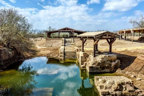 Authentic site of Jesus' baptism under blue skies Stock Photos