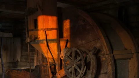 Authentic steam mill interior. Mill grain mill. Time lapse.  4K Stock Footage 124622175