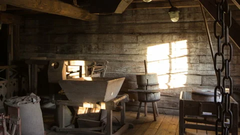 Authentic steam mill interior. Motion time lapse. Hyperlapse. 4K Stock Footage 124618636