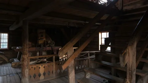 Authentic steam mill interior. Motion time lapse. Hyper lapse. 4K Stock Footage 124622118