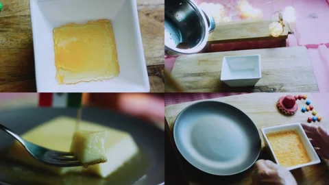 Authentic tabletop study of square flan preparation in split screen Stock Footage 342154175