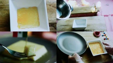 Authentic tabletop study of square flan preparation in split screen Foto stock