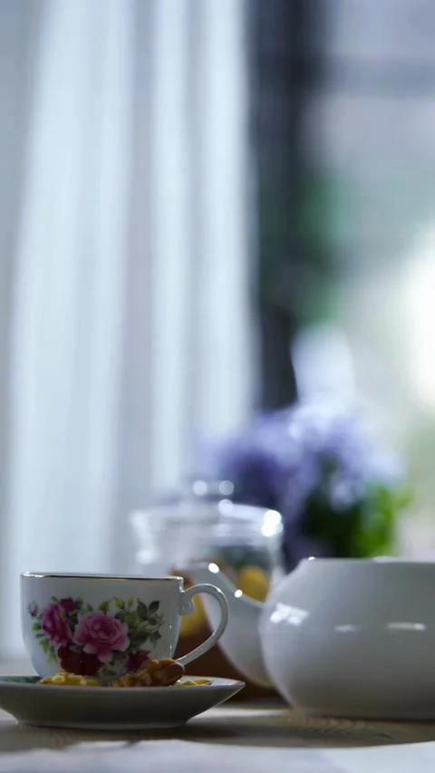 Authentic Tea Cup Pot Saucer Floral Traditional Asian Stock Footage 331762788