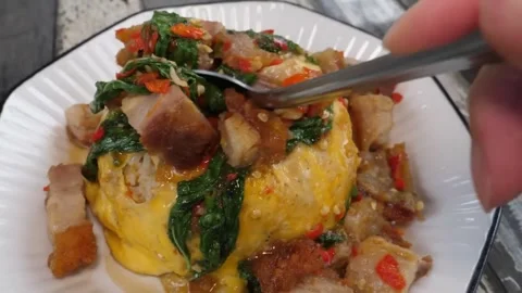 Authentic Thai Basil Crispy Pork Belly with Creamy Omelet and Rice (Pad Kra Pao Stock Footage 338211974