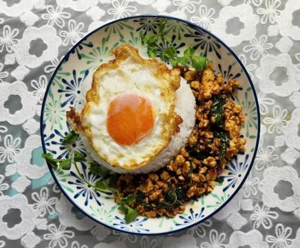 Authentic Thai Basil Pork with Fried Egg (Pad Krapao Moo Sub Kai Dao) Stock Photos