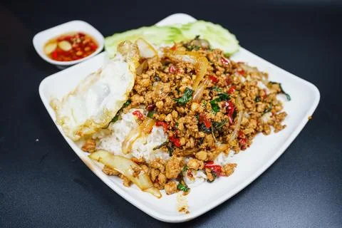 Authentic Thai Basil Pork with Fried Egg over Rice, Pad Kra Pao Moo with Ch.. 库存照片