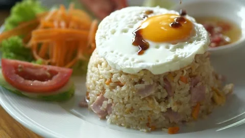 Authentic thai cuisine dish with cooked rice, fried egg Stock Footage 166872777