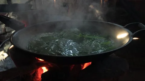Authentic Thai Rural Cooking with Fresh Green Vegetables in Iron Wok Stock Footage 340248482
