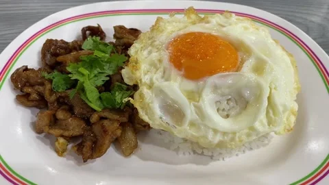 Authentic Thai Style Stir Fried Garlic Pepper Chicken With Egg &amp; Rice Stock Footage 232977336