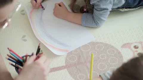 Authentic two happy sibling toddler creative kids with mom draw by pencils Stock Footage 148689407