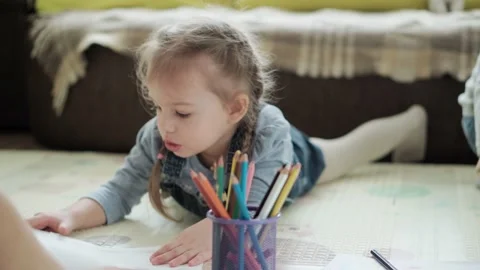 Authentic two happy sibling toddler creative kids with mom draw by pencils Stock Footage 148790337