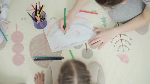 Authentic two happy sibling toddler creative kids with mom draw by pencils Stock Footage 149079850