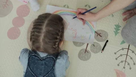 Authentic two happy sibling toddler creative kids with mom draw by pencils Stock Footage 149220057