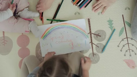 Authentic two happy sibling toddler creative kids with mom draw by pencils Stock Footage 149274943