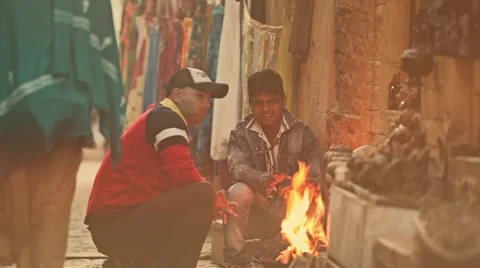 An authentic view of early morning in winter  people burning fire on the street Stock Footage 46259433