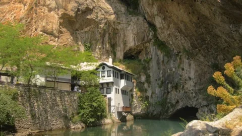 Authentic village of Blagaj with the cliff overlooking the river, in Bosnia Stock Footage 241617490