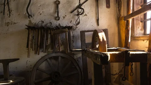 Authentically decorated forge with tools for production of metal products. Stock Footage 124538593