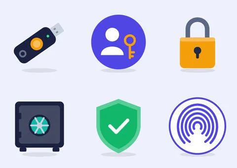 Authentication flat icon set with USB security key, passkey user, padlock, vault Stock Illustration