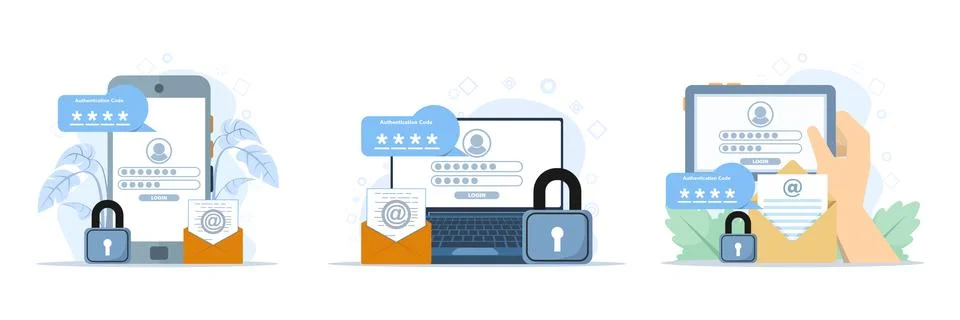 Authentication illustration set showing two-step verification, OTP code input. 库存插图