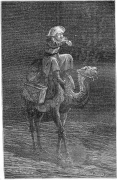 The author blowing on the tinder to light his compass in the desert, vintage  Stock-Illustration