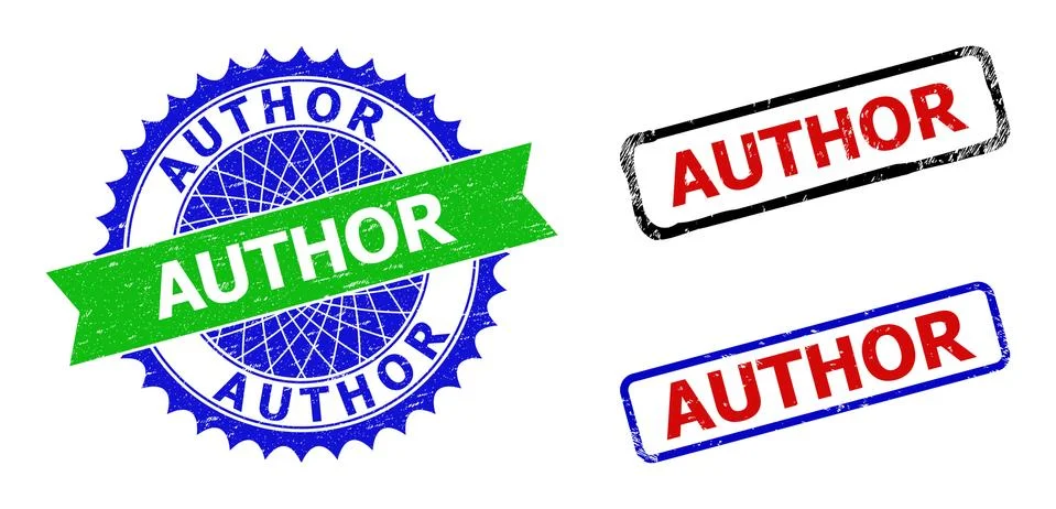 AUTHOR Rosette and Rectangle Bicolor Badges with Scratched Styles Stock Illustration
