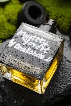 Author selective perfume bottles around green moss, flowers and leaves  . clo Stock-Fotos