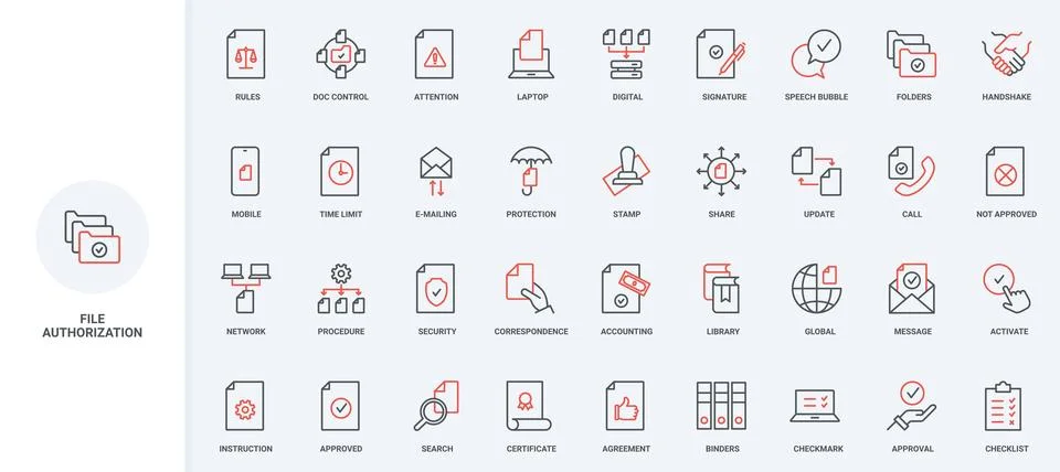 Authorization and verification, approval of digital files and documents line Stock Illustration