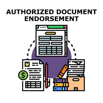Authorized document endorsement process showing paperwork and digital forms 库存插图