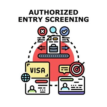 Authorized entry screening processing personal documents and security checks Stock Illustration