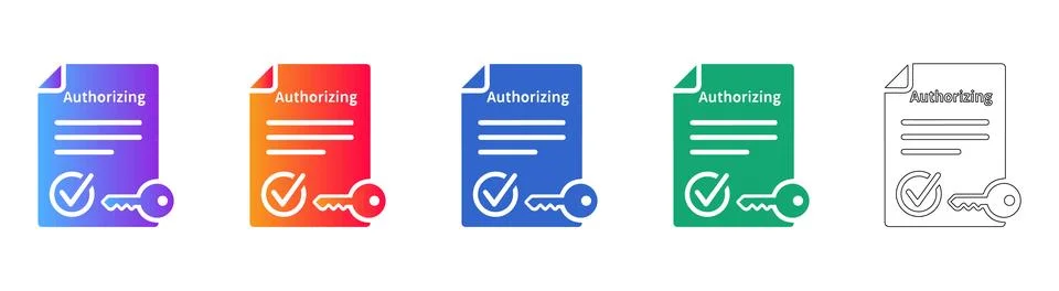 Authorizing Document Icon Set with Key and Checkmark Stock Illustration