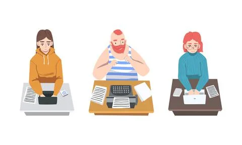 Authors writing articles set. Freelance writers typing on typewriter and laptop Stock Illustration