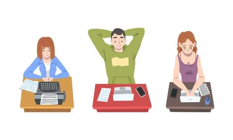 Authors writing articles typing on typewriter and laptop computer set cartoon Stock Illustration
