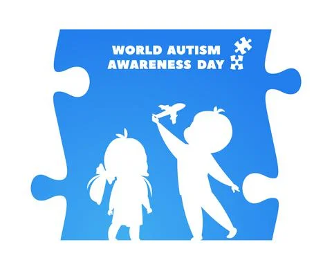 Autism awareness day. World problem, kids silhouettes in puzzle pieces. Autistic Stock Illustration