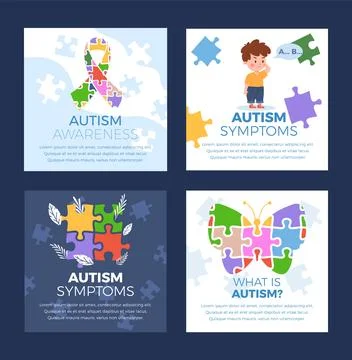 Autism awareness square posters set, flat vector illustration. 스톡 일러스트