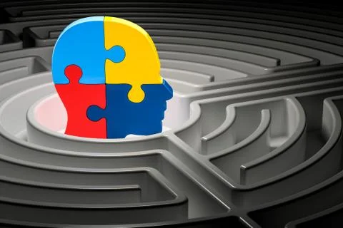 Autism concept, human head from puzzles at center of a maze. 3D rendering Illustrazione stock