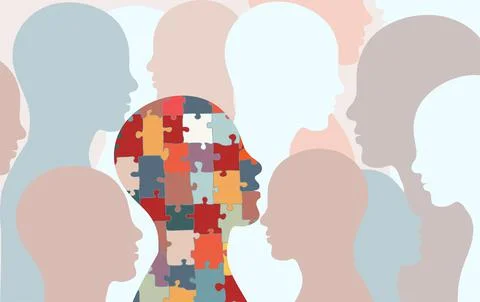 Autism syndrome concept. Jigsaw that forms human head in profile. Learning Stock Illustration