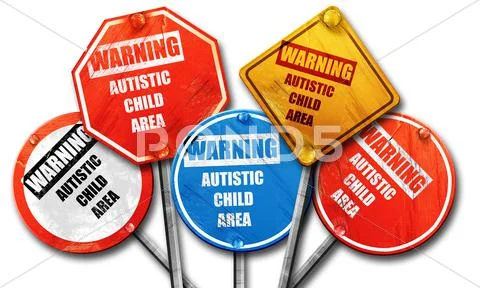 Autistic child sign, 3D rendering, rough street sign collection Stock Illustration