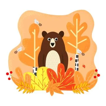 Autmn flat design with cute bear. Stock Illustration