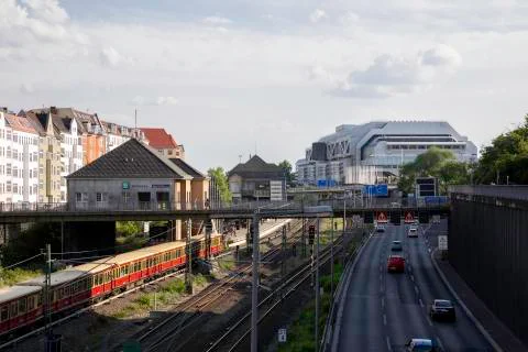 Auto Bahn A100 with the Train Station "ICC - MesseNord" Stock Photos