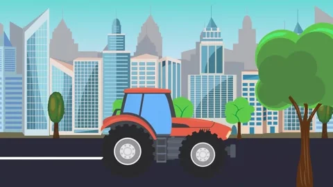 Auto Bus driving on the road in front of a city, cartoon animation Stock Footage 313798164