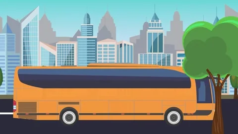 Auto bus driving on the road in front of a city, cartoon animation Video stock 313798177