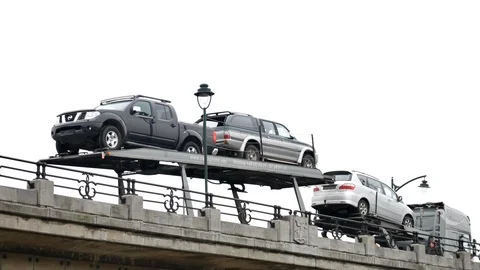 Auto-Carrier Trailer Operates On The Bridge In Brussels, Pan Stock Footage 91820831