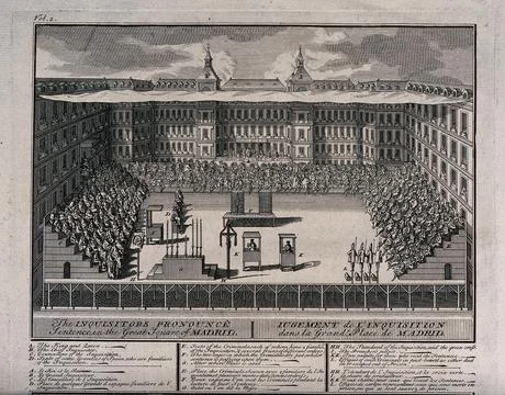 An auto-da-f in the Great Square in Madrid with the inquisitors pronouncing.. Stock Illustration
