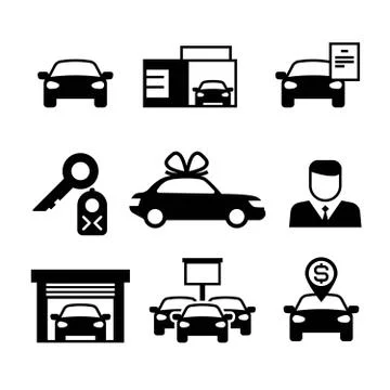 Auto dealership, car industry selling, buying and renting vector icons Stock Illustration